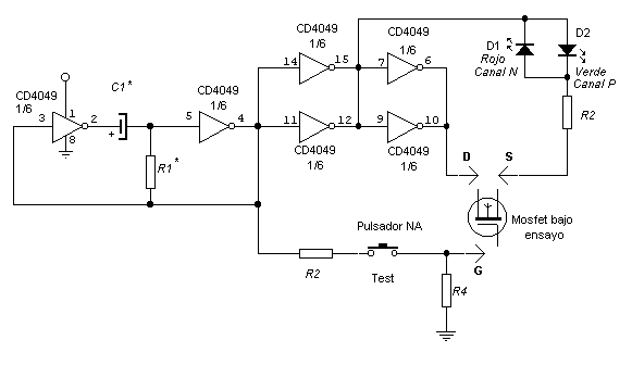 Esquema eléctrico del comprobador de MOSFET