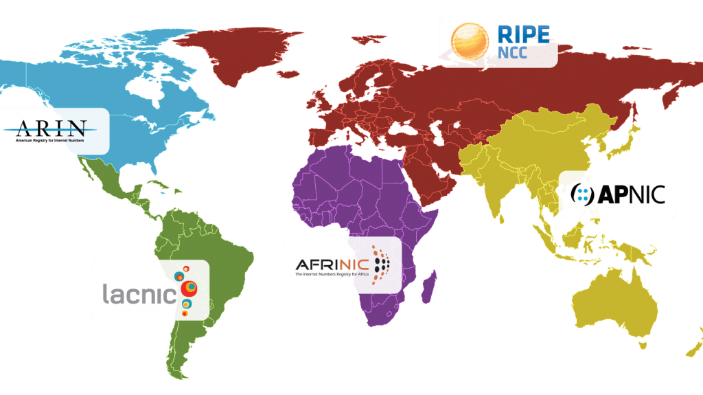 Mapa mundial con proveedores de asignación de IP iana